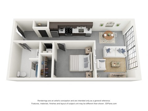 Floor plan for 1 bed, 1 bath, 602 sqft
